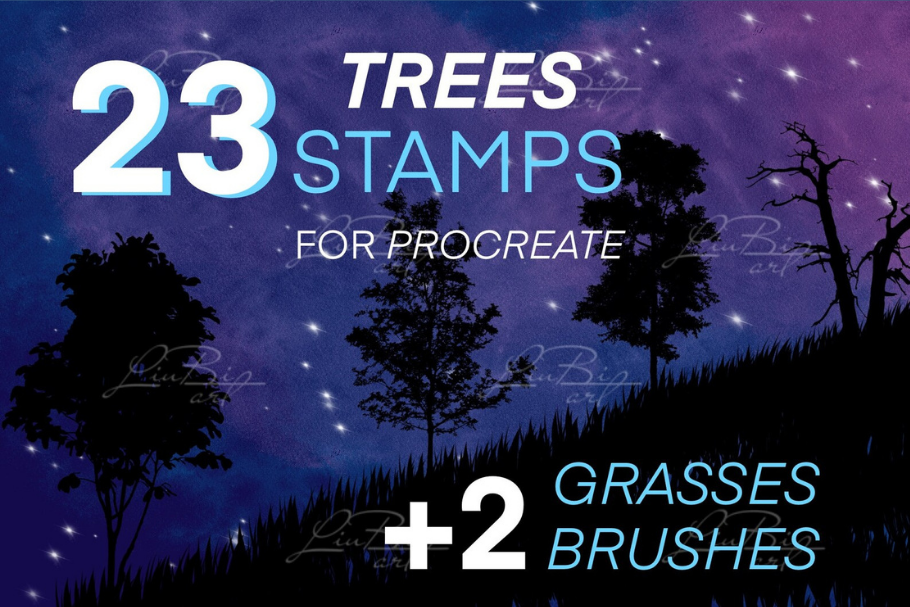 25 Procreate Tree and Grass Stamps, a Brush Add-On by LiuBi Art
