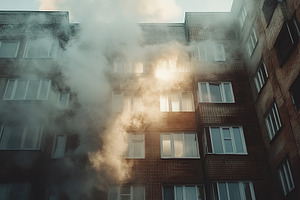 Apartments in high building with smoke and fire, an Architecture Photo by AlyaAnd