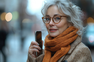 Older woman smiles while holding a s, a Photo by Tanuart