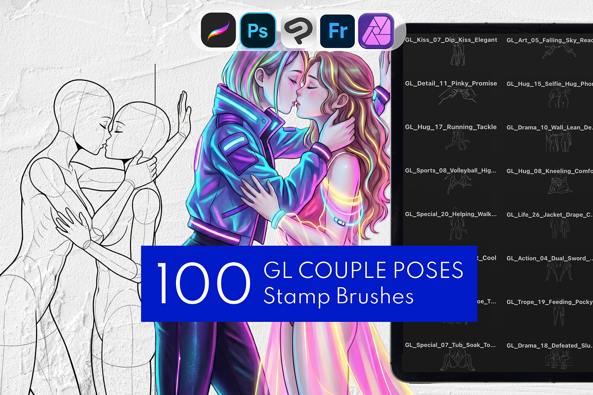 100 GL Couple Poses Procreate Stamps, a Brush Add-On by Selentaori Studio (Photo 1 of 11)