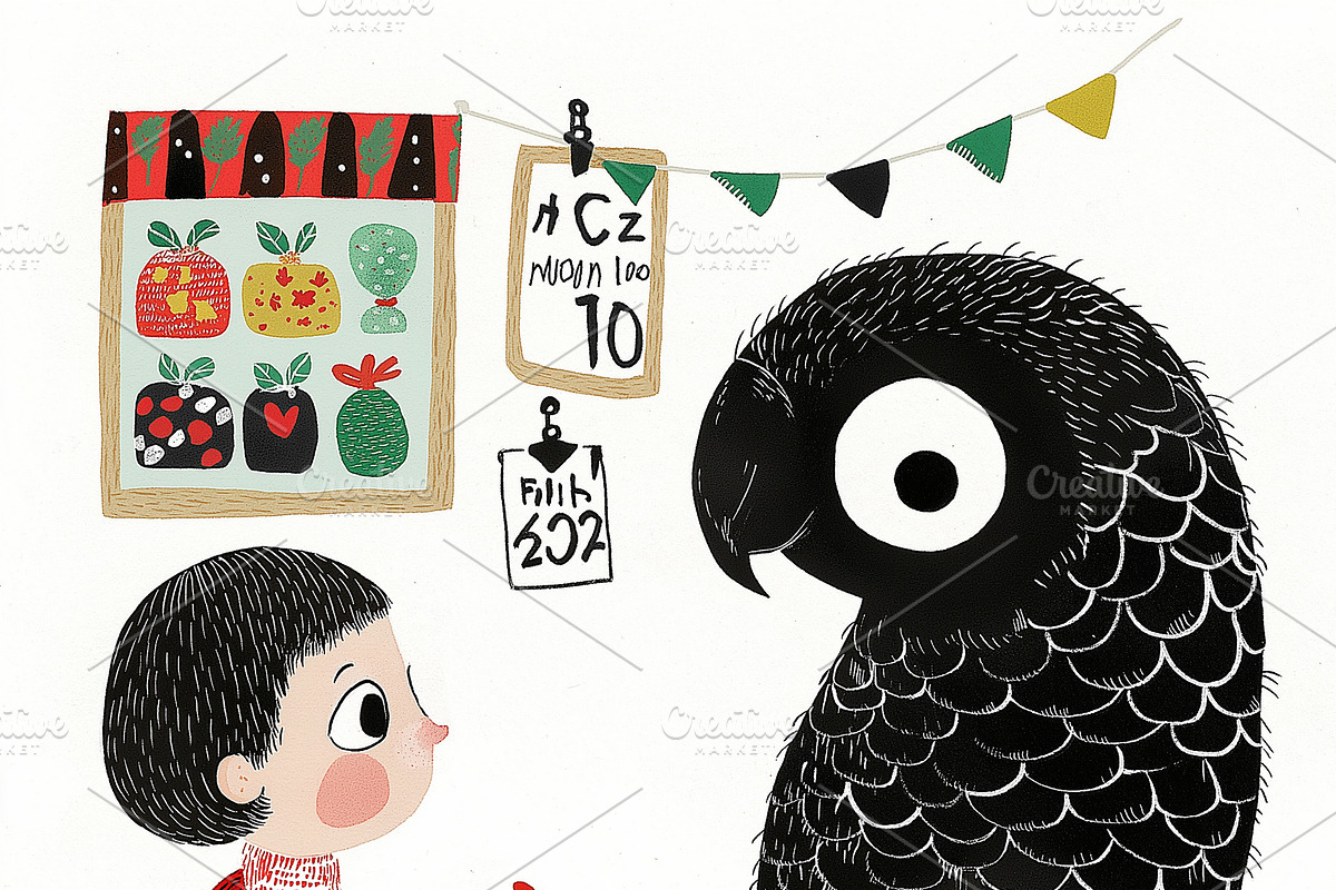 Shy child plays with a black parrot, a Person Illustration by Sybillla