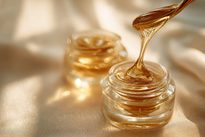 Honey jar on soft surface, a Photo by Beautiful things