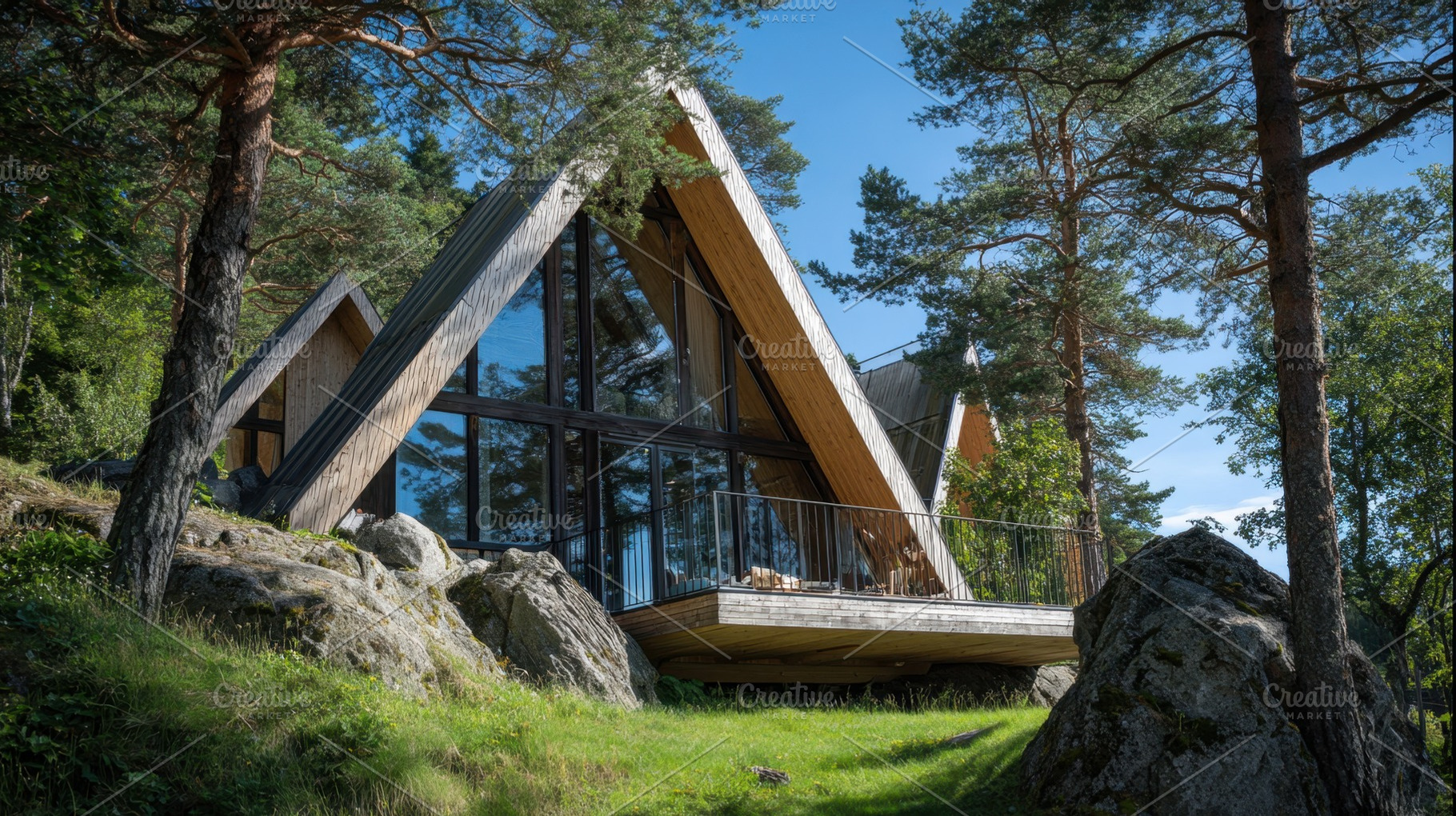 Modern cabin nestled among trees, a Photo by Beautiful things