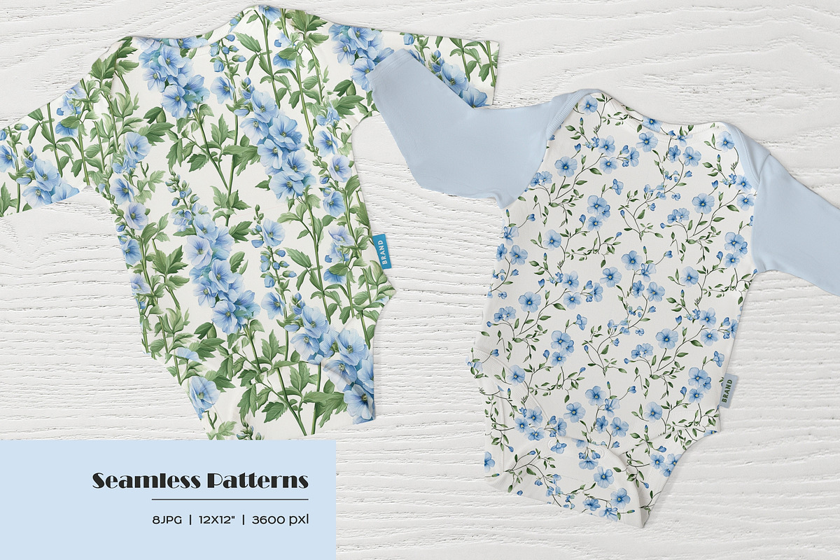 Watercolor blue flowers pattern set, a Pattern Graphic by Art and Funny (Photo 5 of 11)