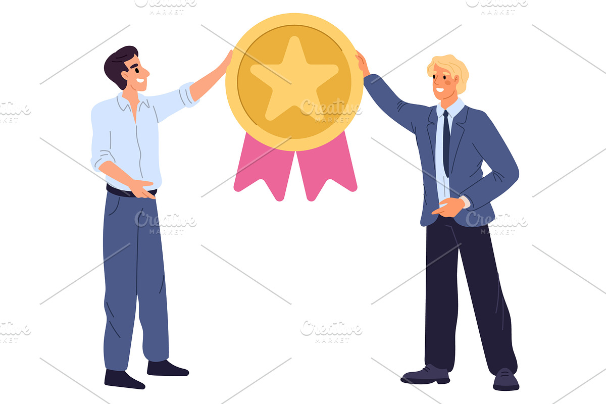 Two employees hold large award, a Person Illustration by Vectorbuum