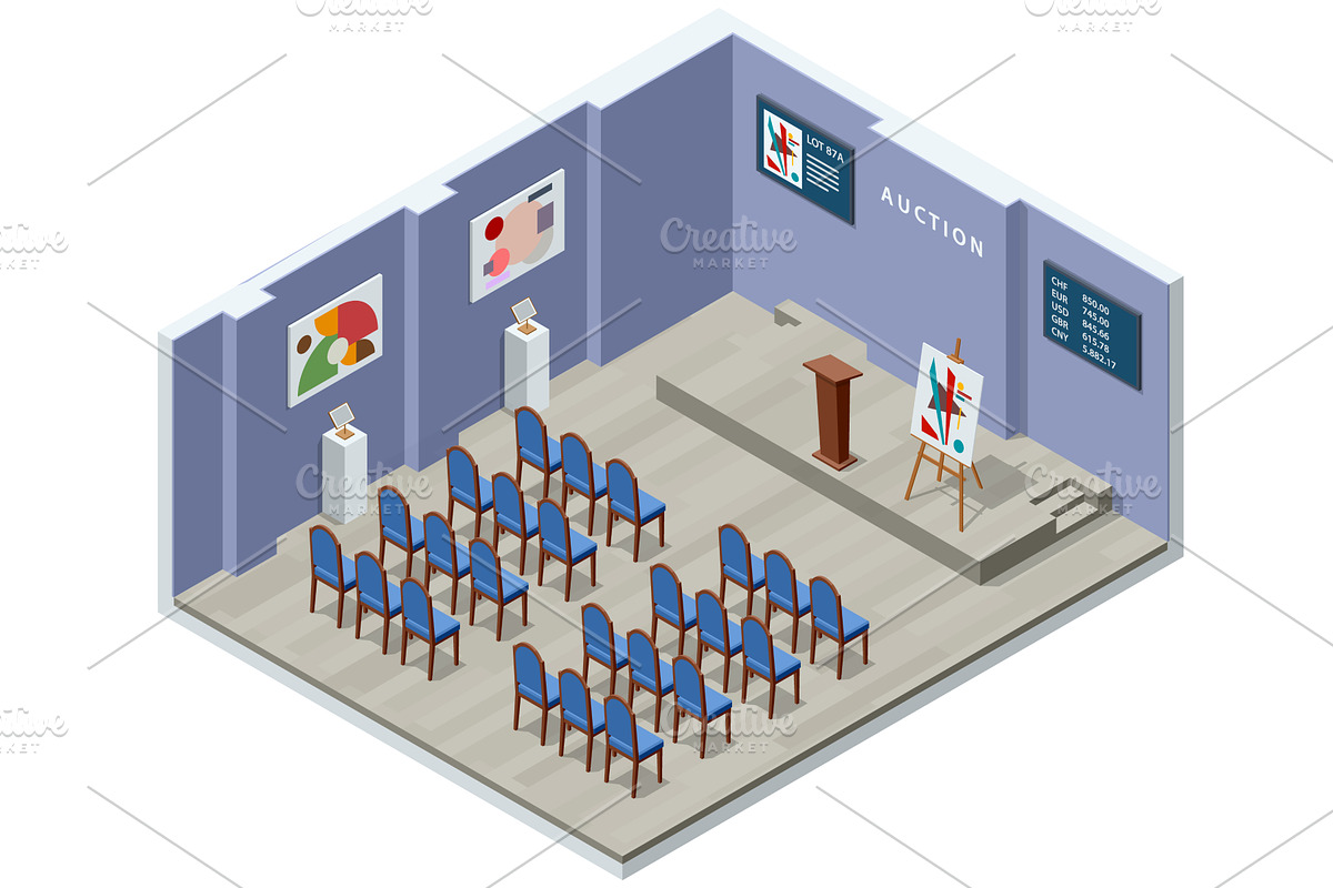 Isometric empty auction hall with, a Finance Illustration by Golden Sikorka