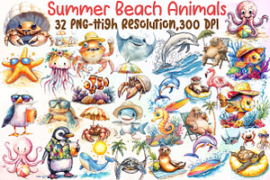 Summer Beach Animals Clipart Summer, an Illustration by Sublimation Artist