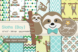 Sloth Boy Digital Paper & Clipart, a Pattern Graphic by JennyL Designs