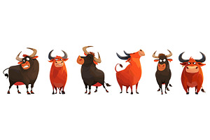 bulls cartoon set. black red bull, an Animal Illustration by Stock-Smart-Start