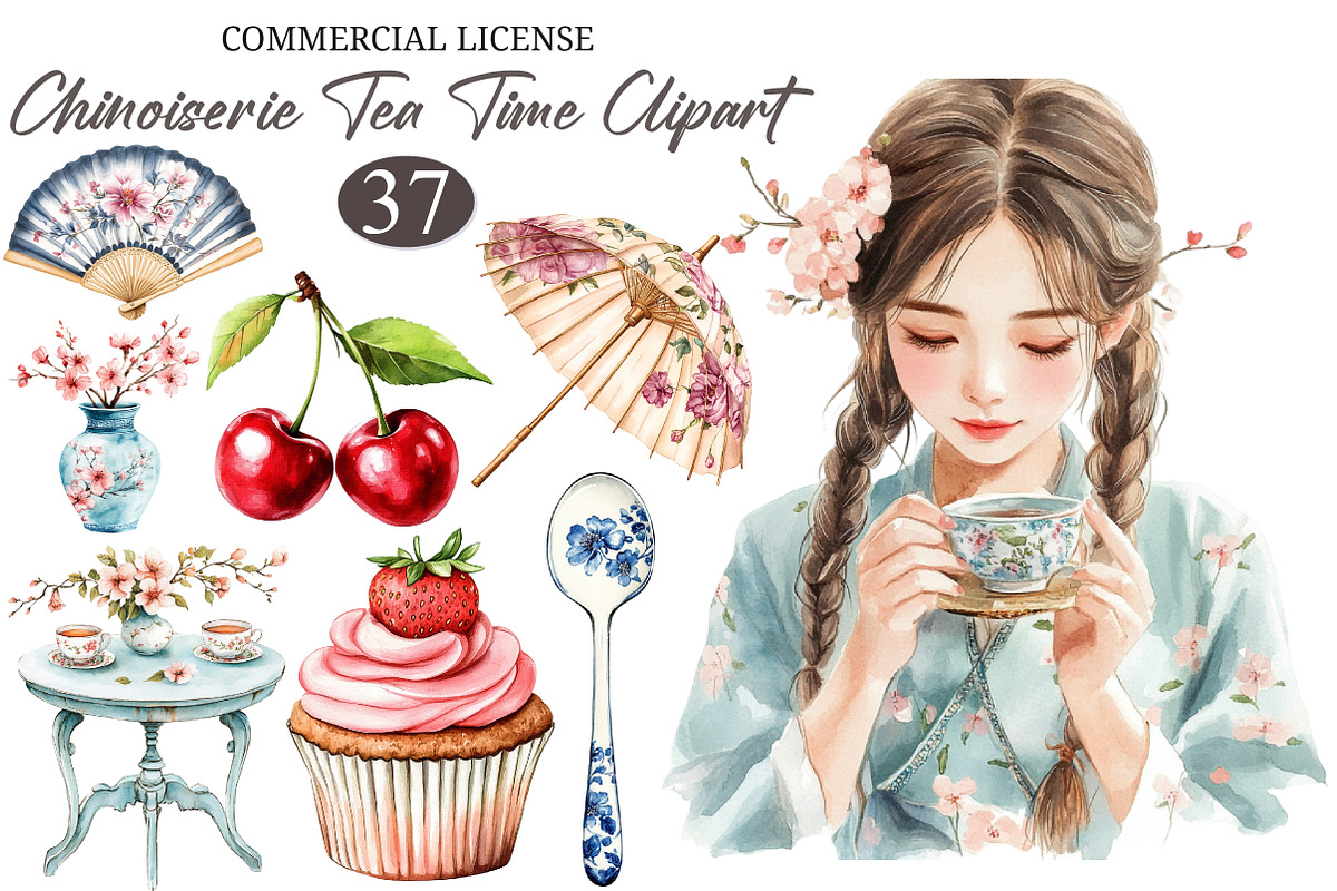 Watercolor Chinoiserie Tea Time Clip, an Illustration by designcity5 (Photo 1 of 5)