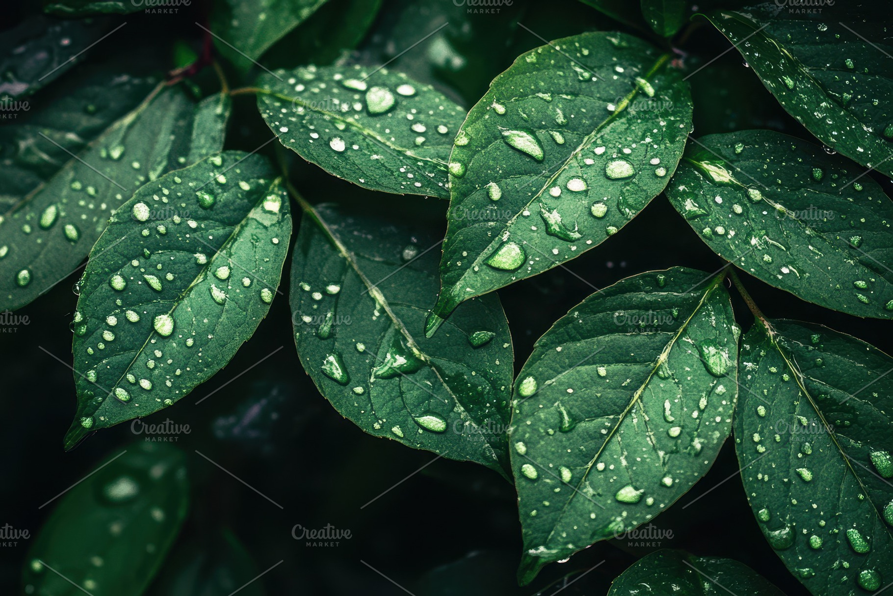 Dark green leaves glistening with ra, a Photo by Pavel_design