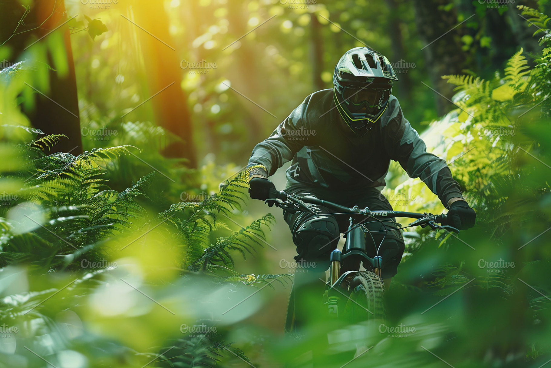 Cyclist on mountain bike riding on a bike on forest path, a Sports & Recreation Photo by AlyaAnd