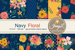 Navy Blue Flower Digital Paper, a Pattern Graphic by JennyL Designs