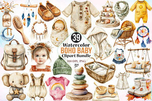 Watercolor Boho Baby Clipart Bundle, an Illustration by Canvas Craft