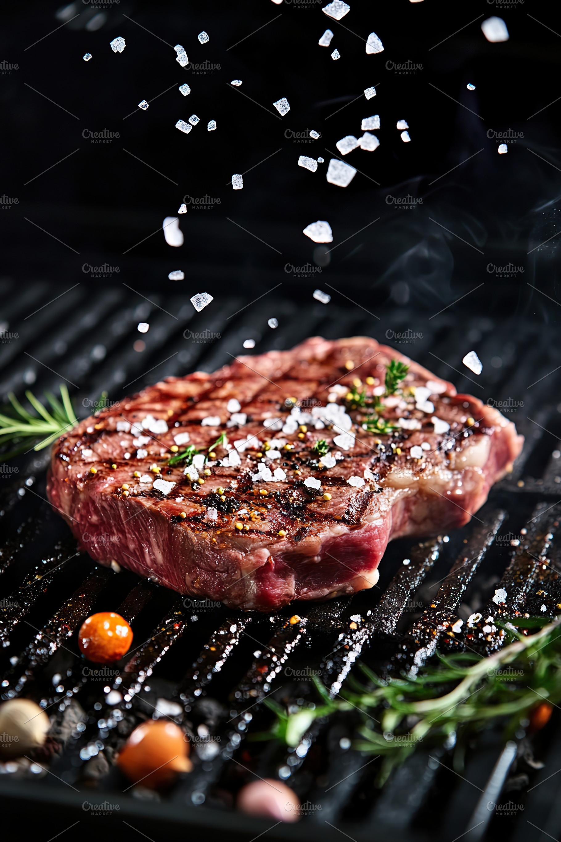 Juicy steak grilling with herbs and spices elevated by falling seasoning, a Food & Drink Photo by AlyaAnd