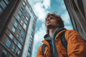 A young man in an orange jacket and blue hoodie gazes upwards in an urban setti, a Person Photo by Textures & Backgrounds