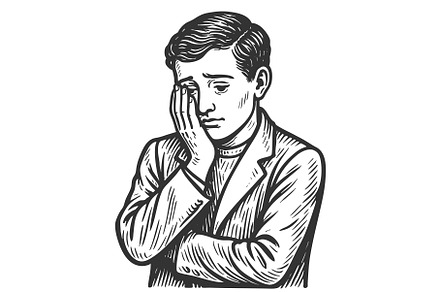 Sad thoughtful man engraving vector, a Person Illustration by AlexArt