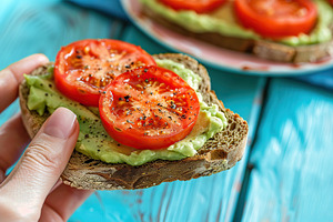 Toast bread with avocado puree and tomatoes in female hand. Vegetarian food., a Food & Drink Photo by AlyaAnd