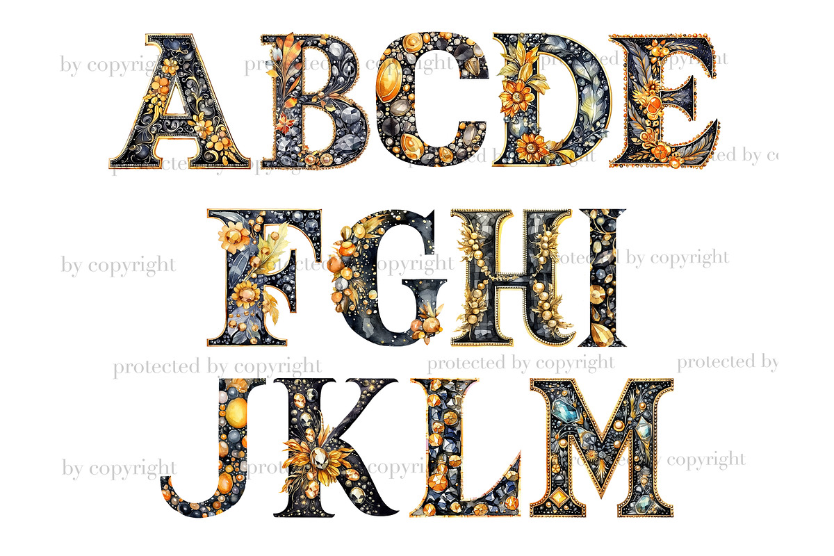 Gold and Black Alphabet Clipart, a Decorative Illustration by GlamArtZhanna (Photo 2 of 5)