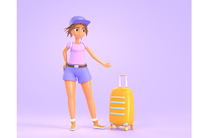 Girl Tourist With Yellow Suitcase