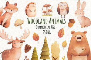 Woodland Animals Watercolor Clipart