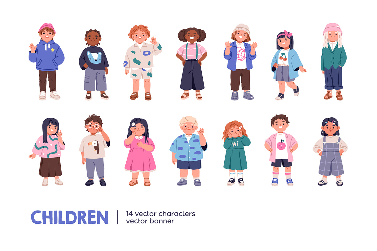 Cute diverse kids set + banner, a Person Illustration by Good Studio (Photo 1 of 5)