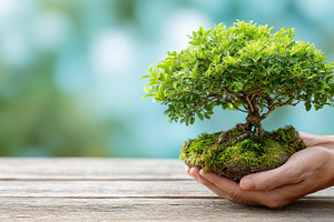 Hands holding small bonsai tree natu, a Photo by Pixeness Studio