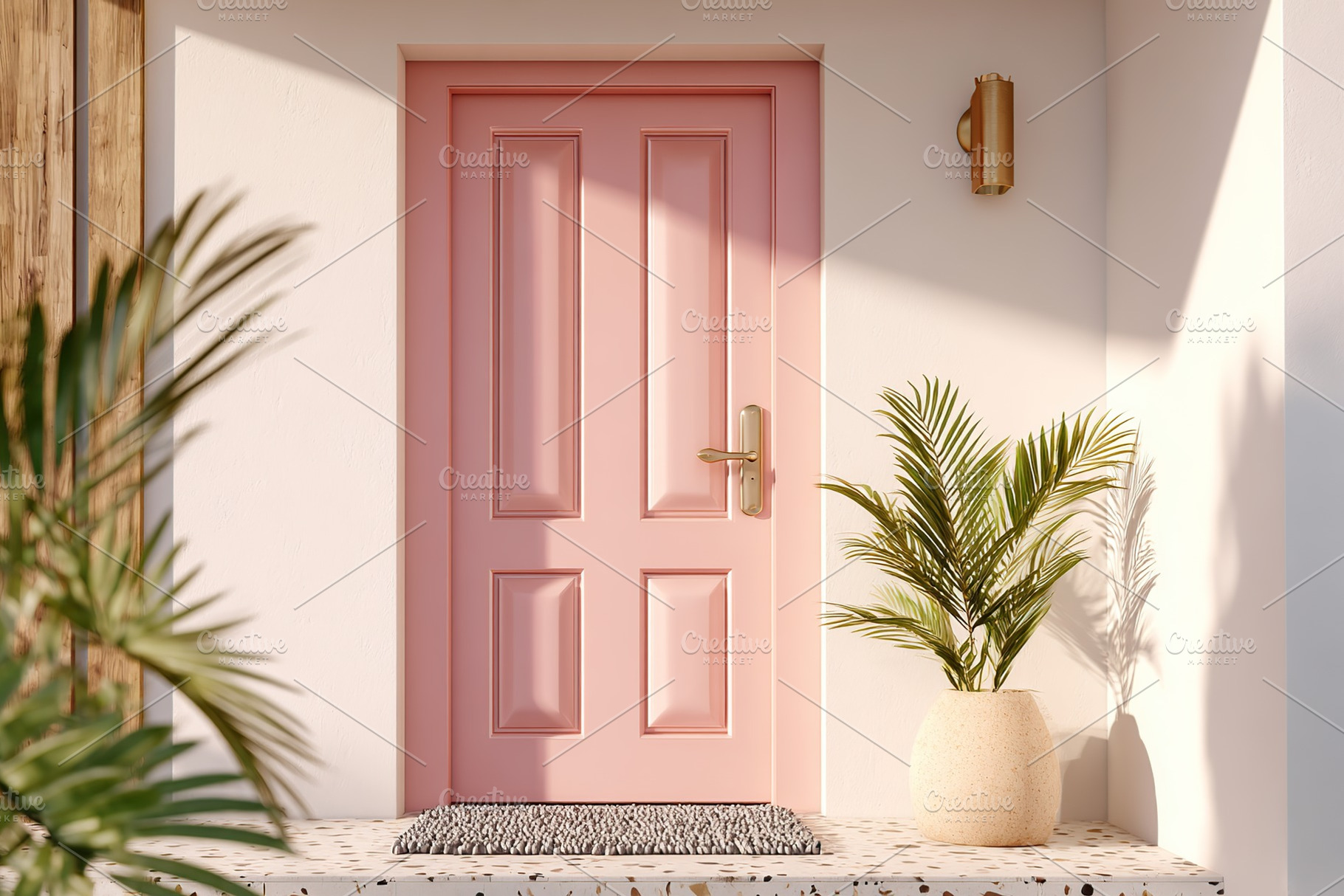 Bright pink door welcomes visitors to modern home entrance in sunny daylight, a Photo by AlyaAnd