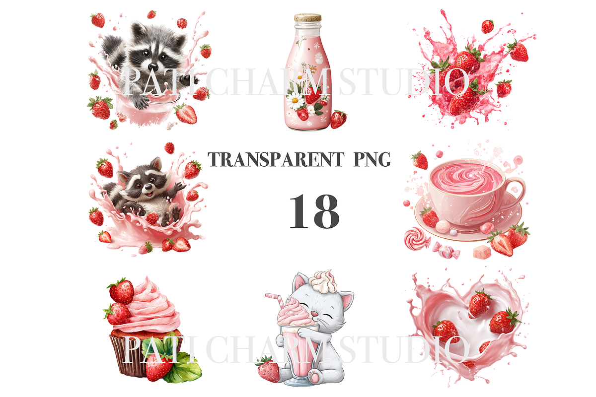 18 Strawberry Milk Clipart, a Decorative Illustration by Pati Charm Studio (Photo 3 of 8)