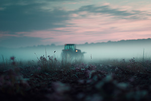 Tractor in Foggy Farm Field, an Industrial Photo by k.tay