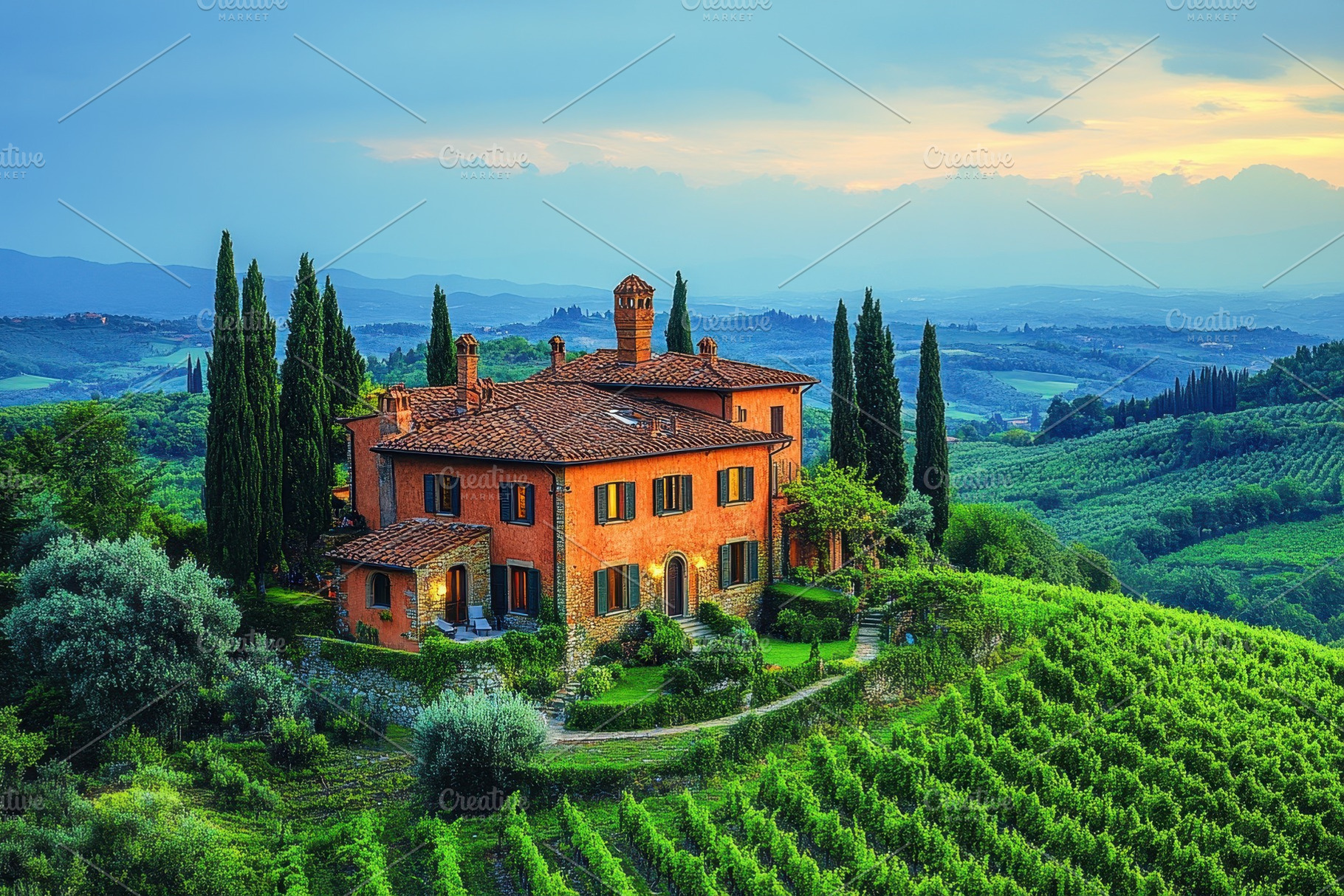Vineyard estate in Tuscany surrounde, a Photo by Tanuart
