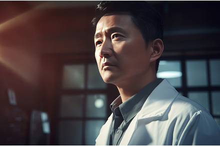 Man japanese doctor big portrait, a Health & Medical Photo by Ylivdesign