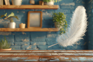 Floating White Feather in Cozy Interior with Rustic Blue Backgro, a Background Photo by José Manuel Gelpi