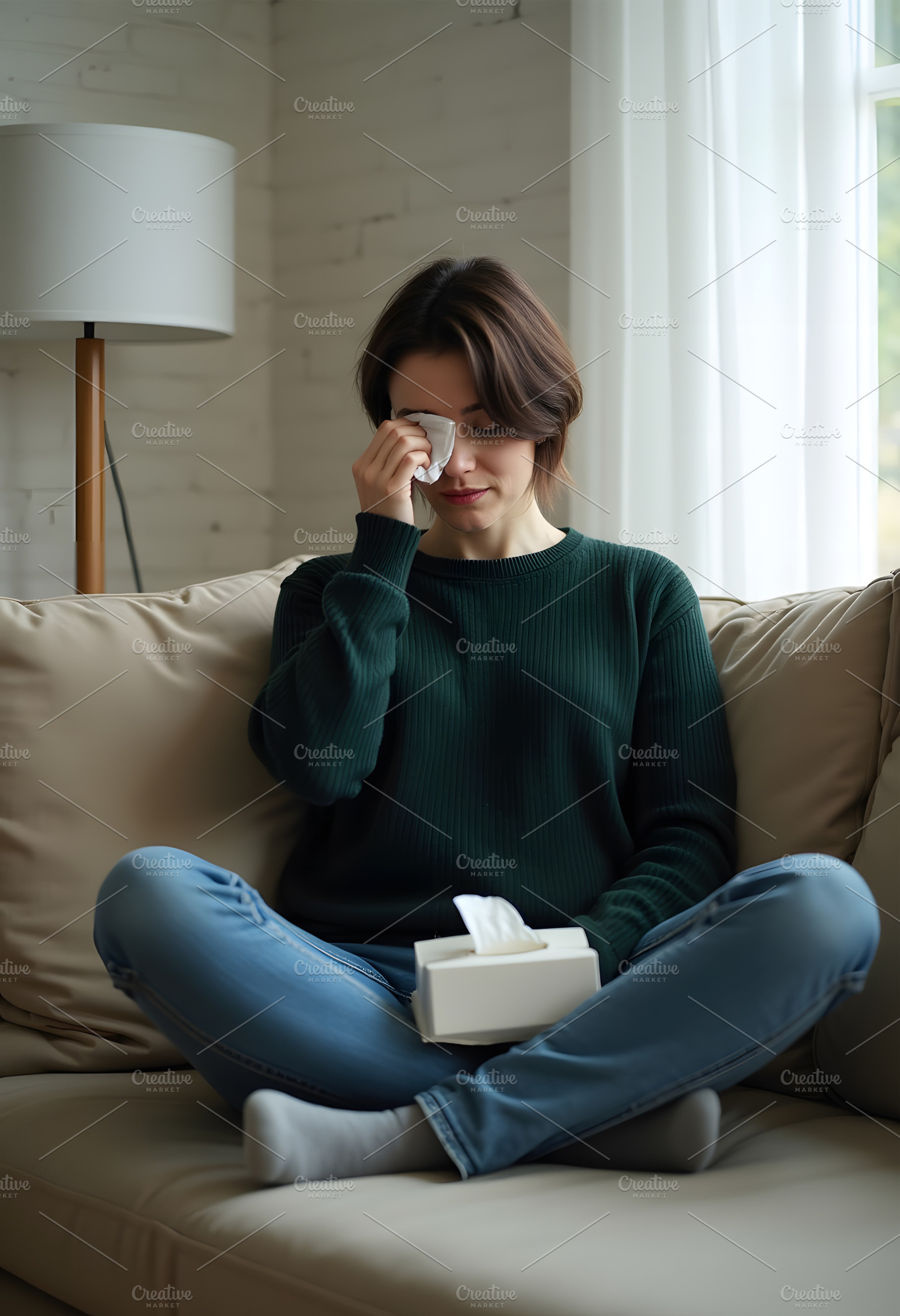 Woman Crying on Couch with Tissues, a Person Photo by Stock Shape