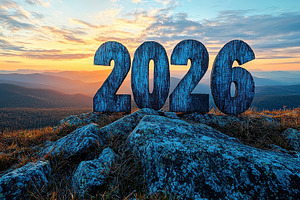 Weathered blue 2026 numbers on mountain peak at sunrise with sce, a Background Photo by José Manuel Gelpi