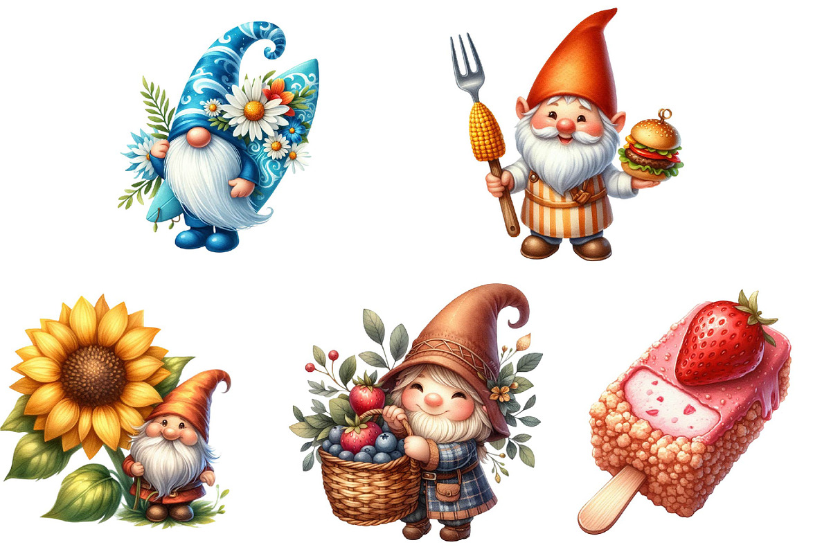 Watercolor Summer Gnome Clipart, an Illustration by DreamPrint404 (Photo 2 of 6)