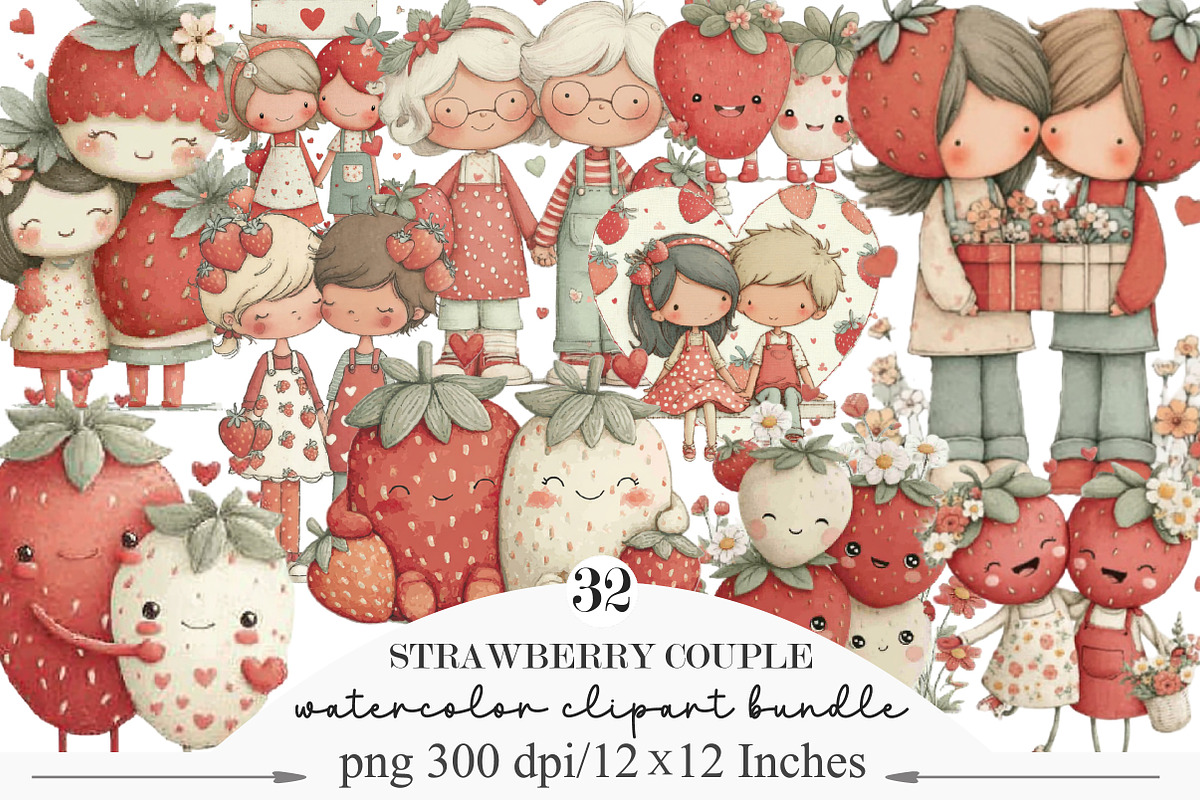 Whimsical Strawberry Couple Clipart, an Illustration by Designking (Photo 1 of 5)