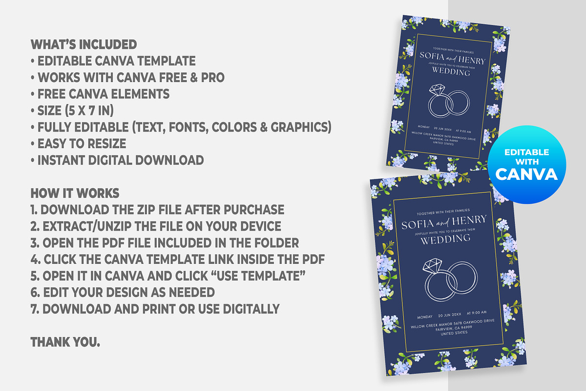 Navy Blue Floral Wedding Invitation, an Invitation Template by M9 Design (Photo 5 of 5)