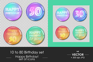 10 to 80 anniversary icons set