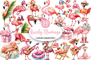 Quirky Flamingo Clipart, an Illustration by Watercolor design