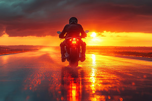 Rider enjoying a sunset ride on a mo, a Photo by Tanuart