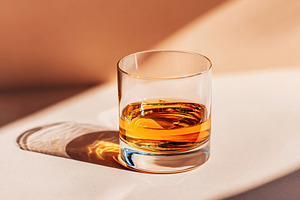 Glass of whiskey on a light surface, a Food & Drink Photo by AlyaAnd