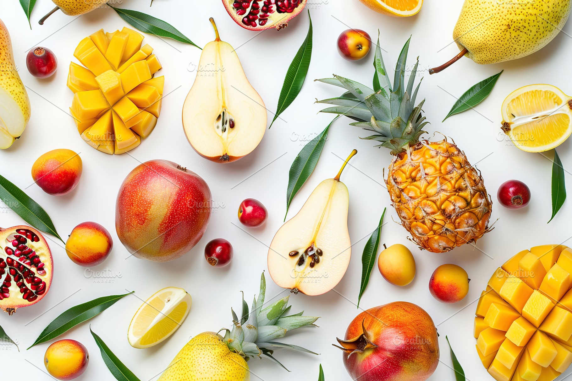 Pattern of different fresh sliced fruits on white background, a Food & Drink Photo by AlyaAnd