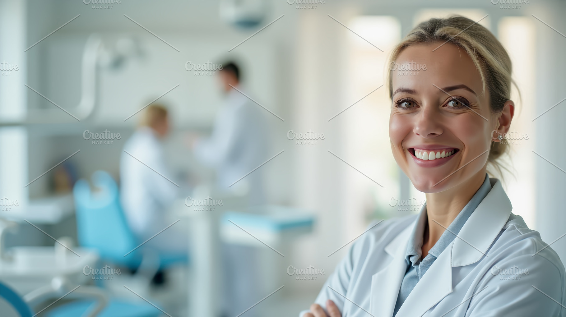 Smiling dentist in a modern clinic, a Health & Medical Photo by angellodeco