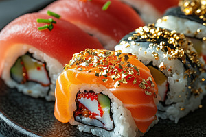 Elegant platter of sushi rolls with, a Food & Drink Photo by MistyDay