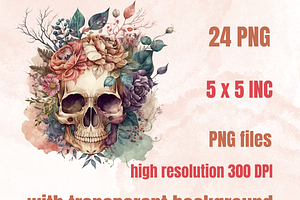 Watercolor Floral Skull Clipart