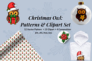 Christmas Owl: Patterns & Clipart, a Seasonal Illustration by Elatedowl (Thumbnail 1 of 16)