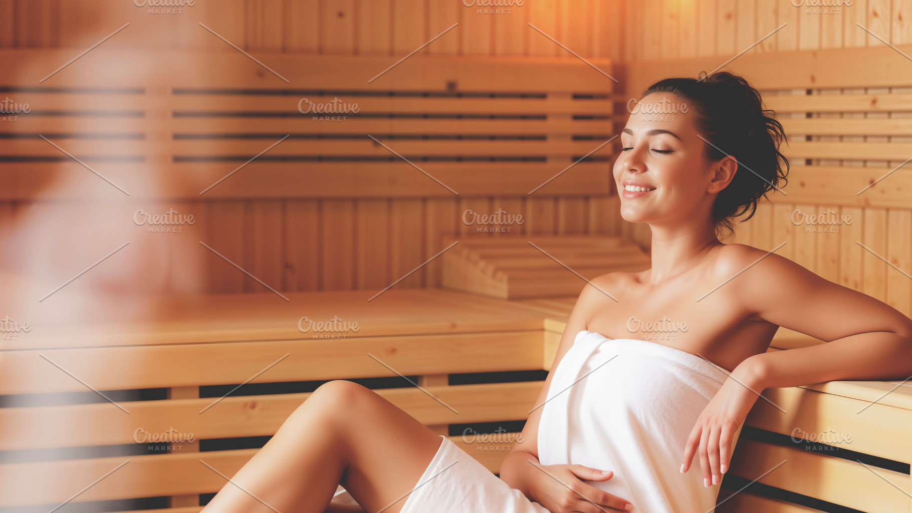 Young woman relaxing in wooden sauna, a Photo by rarrarorro