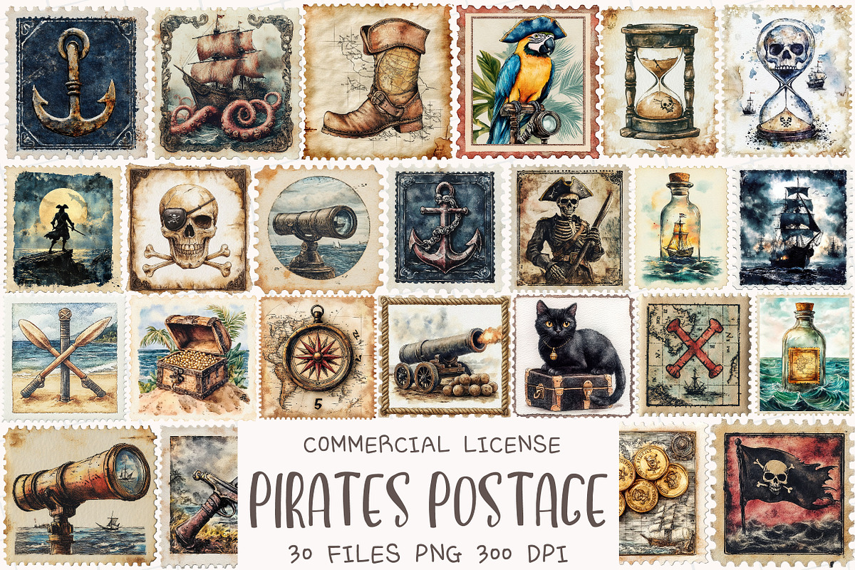 Nautical Pirates Postage Clipart, an Illustration by OK Design (Photo 1 of 5)