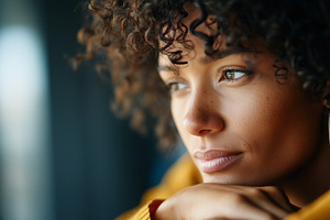 Pensive black woman with curly hair, a Person Photo by MistyDay